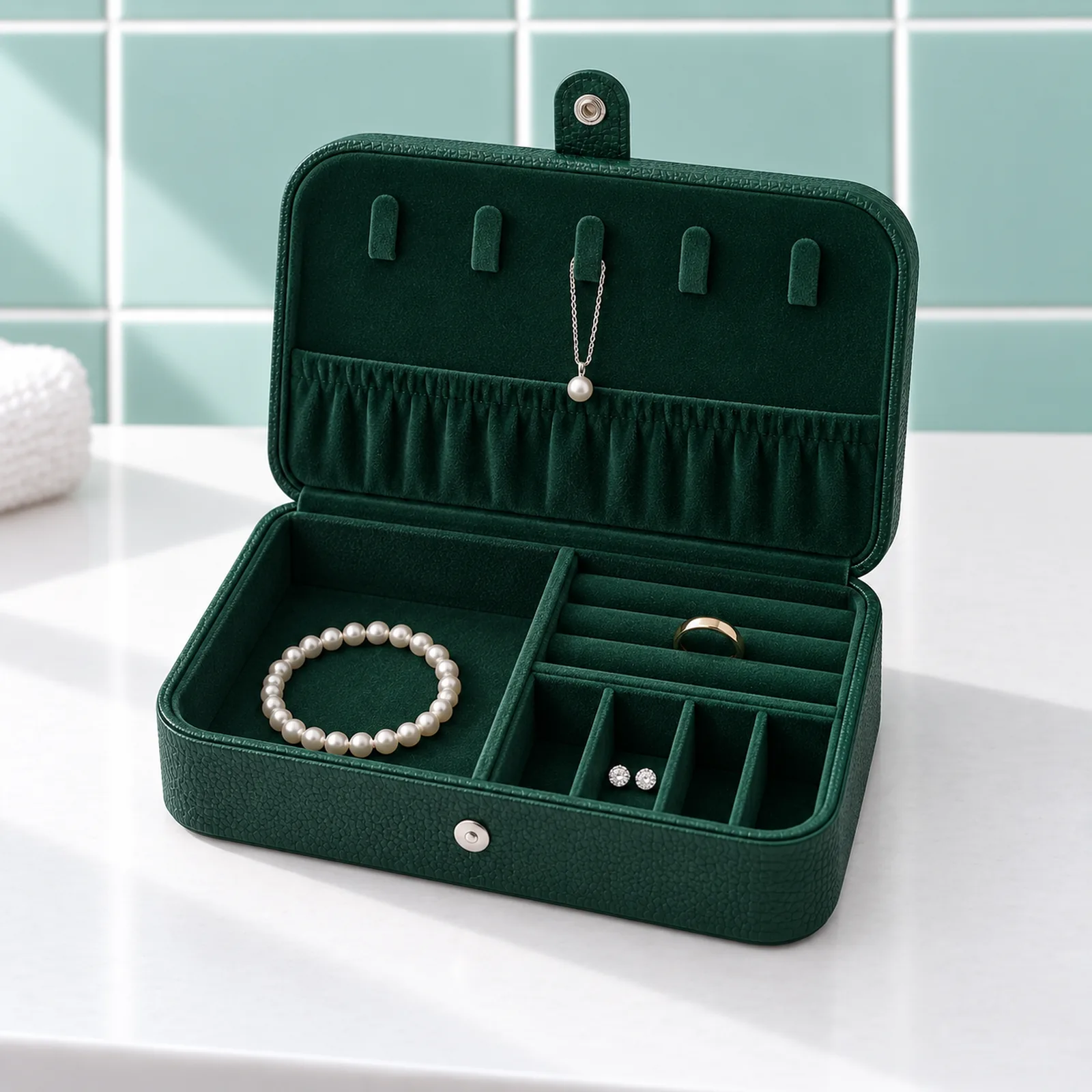 Boîte à bijoux de voyage longue, verte, ouverte et garnie, velours vert foncé, grande case et rangements à bagues