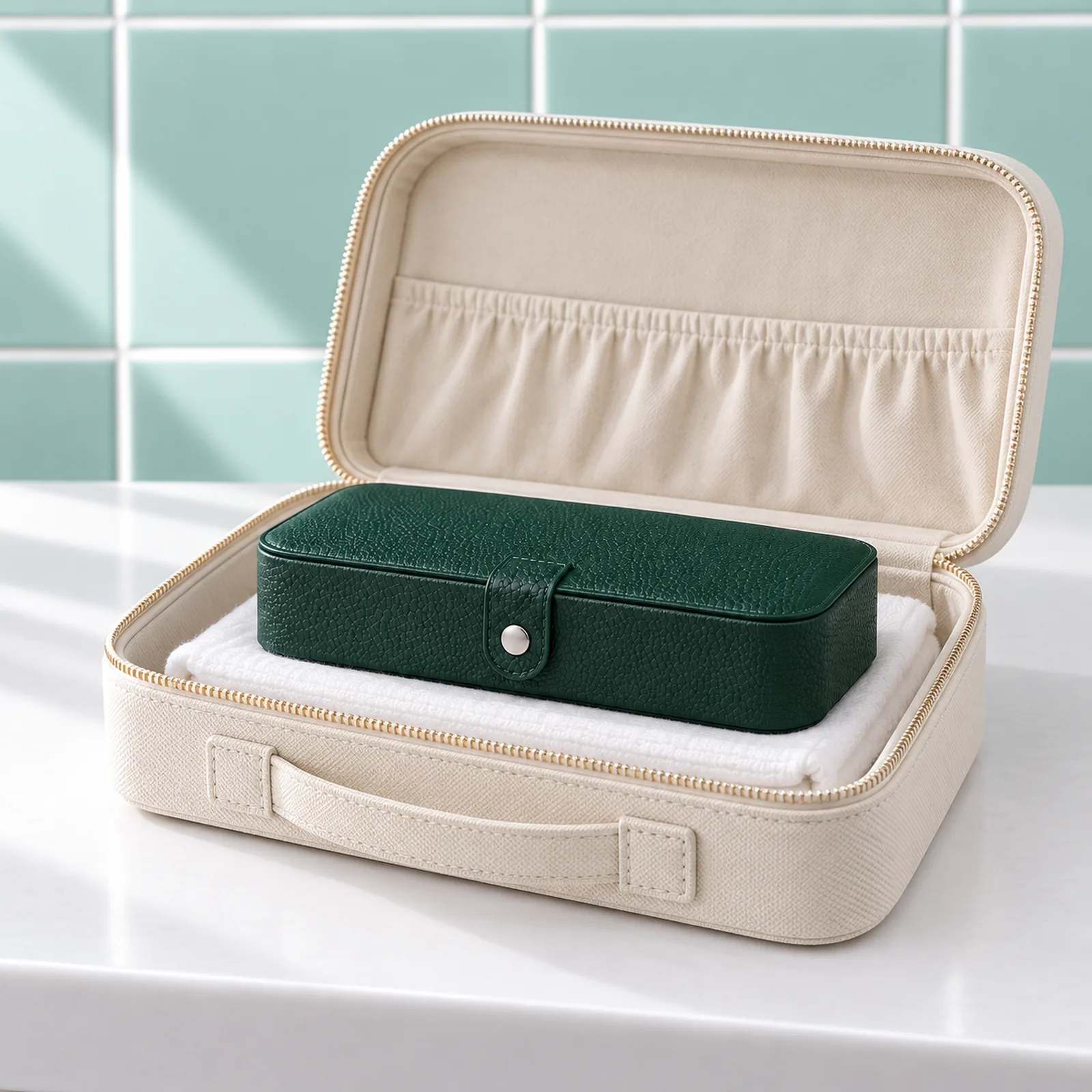 Boîte à bijoux de voyage longue, verte, fermée dans une valise ouverte