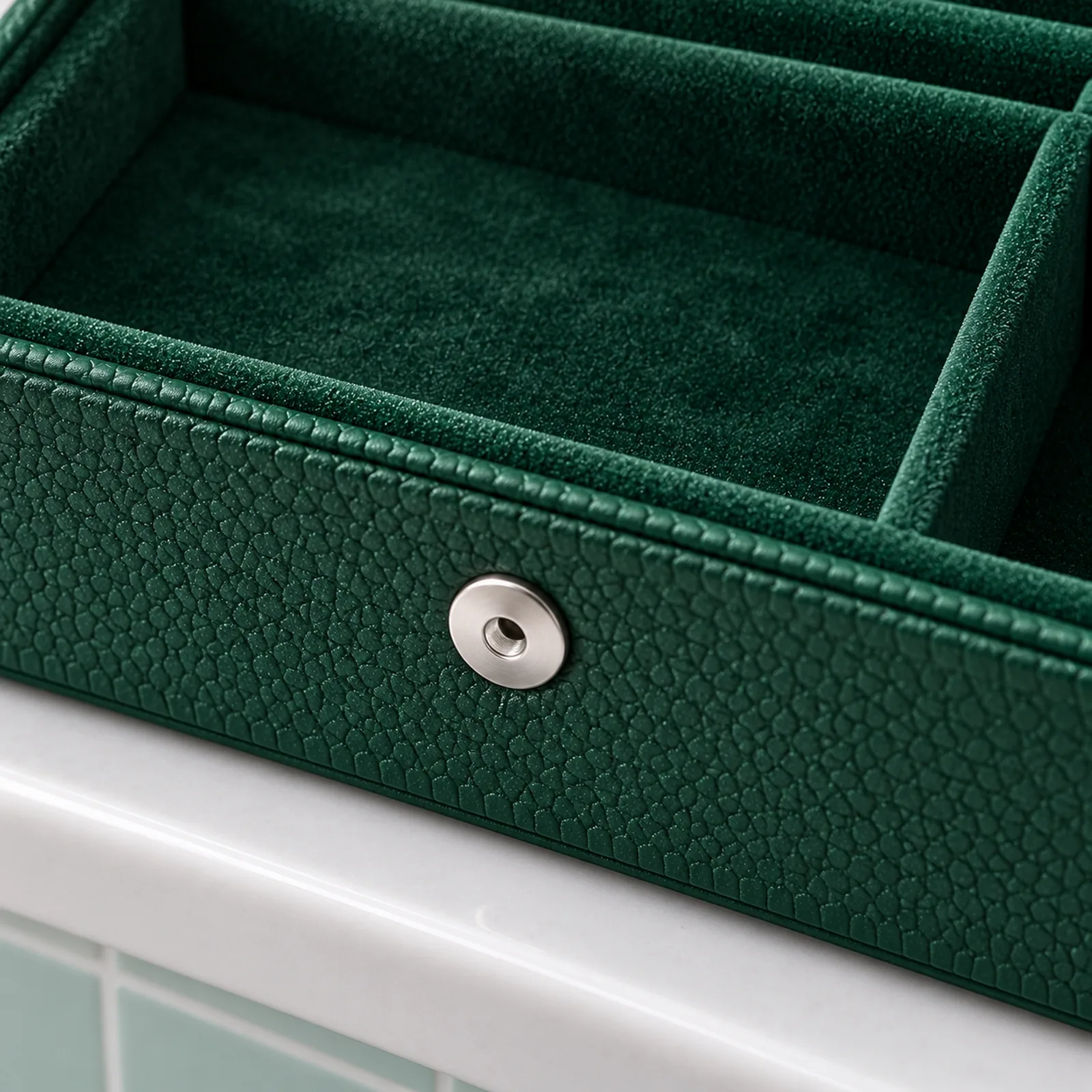 Boîte à bijoux de voyage longue, verte, gros plan du bouton pression et de la doublure