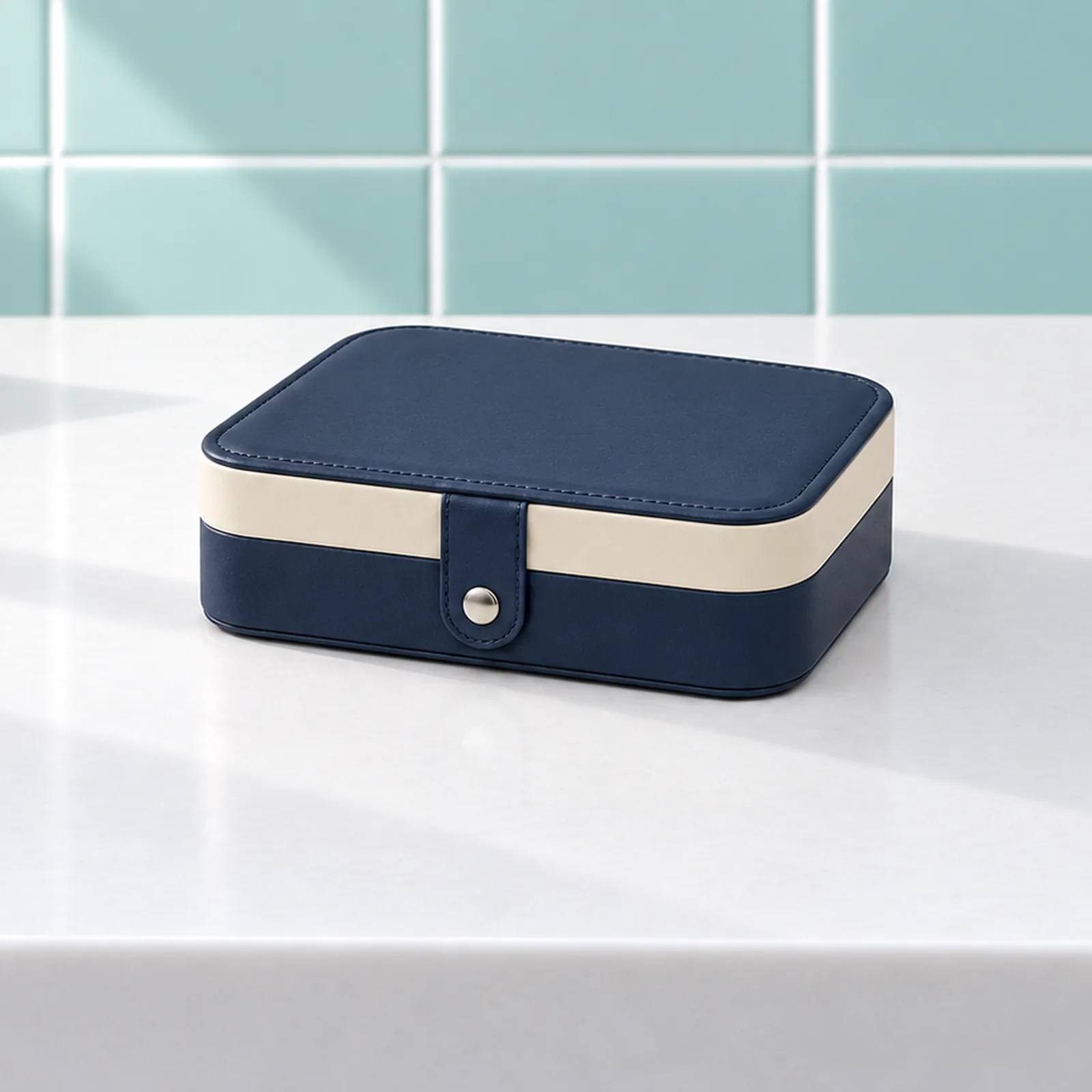Boîte à bijoux de voyage rectangulaire, bleu marine, fermée de trois quarts sur la tablette blanche