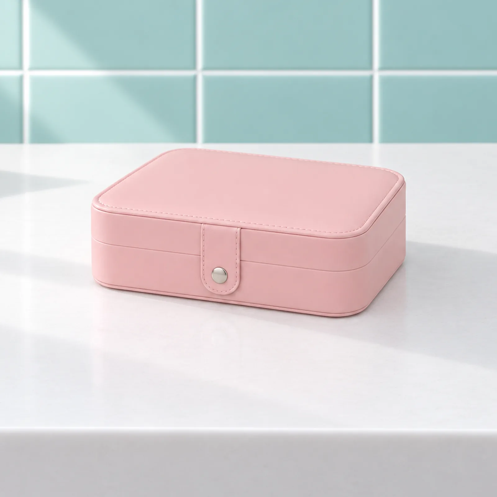 Boîte à bijoux de voyage rectangulaire, rose, fermée de trois quarts sur la tablette blanche