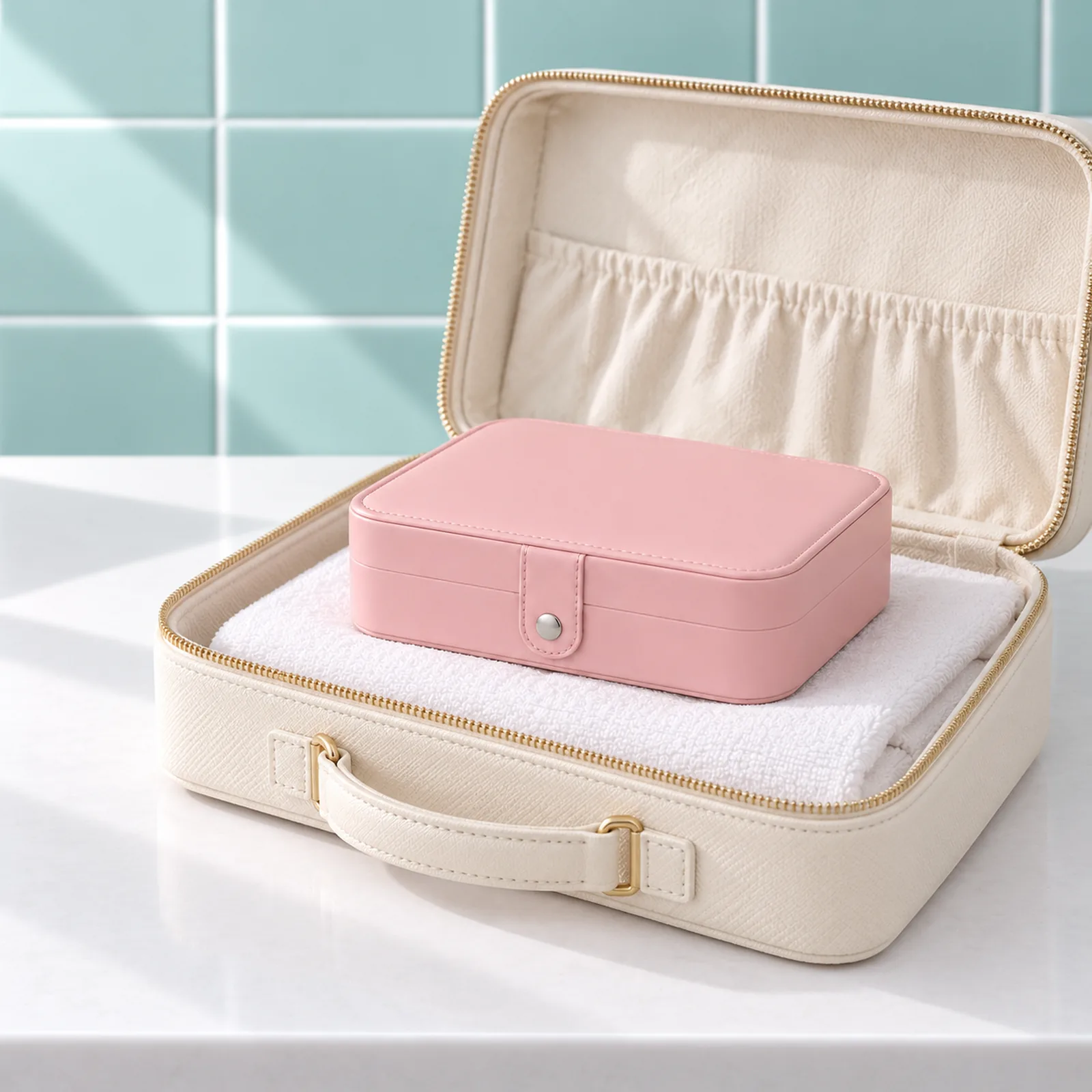 Boîte à bijoux de voyage rectangulaire, rose, fermée dans une valise ouverte