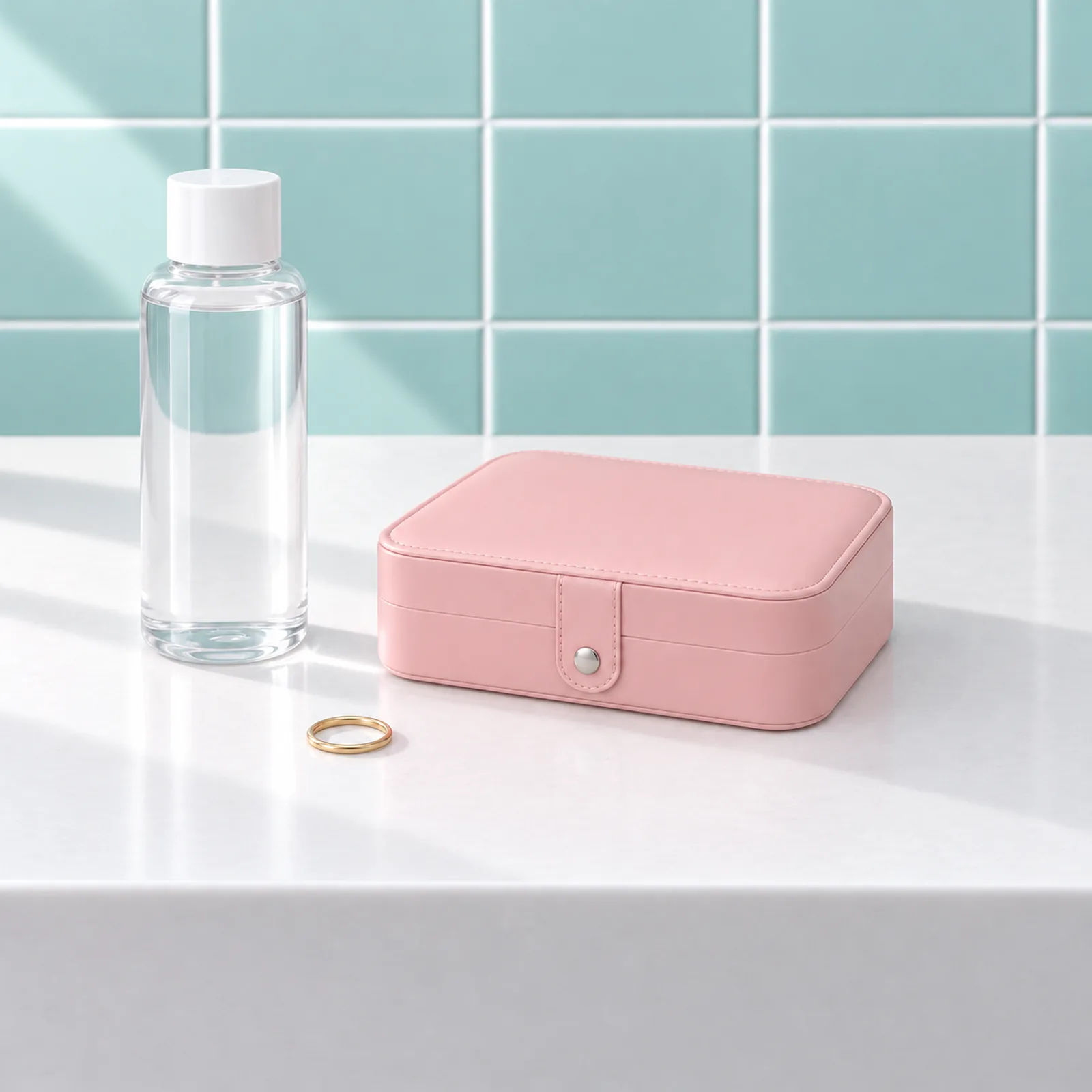 Boîte à bijoux de voyage rectangulaire, rose, fermée à côté d’un flacon générique de 250 ml et d’une bague unie posée à plat