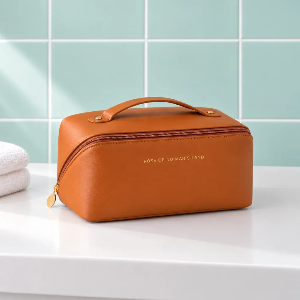 Grande trousse de maquillage à ouverture grand angle marron, fermée de trois quarts sur la tablette du lavabo