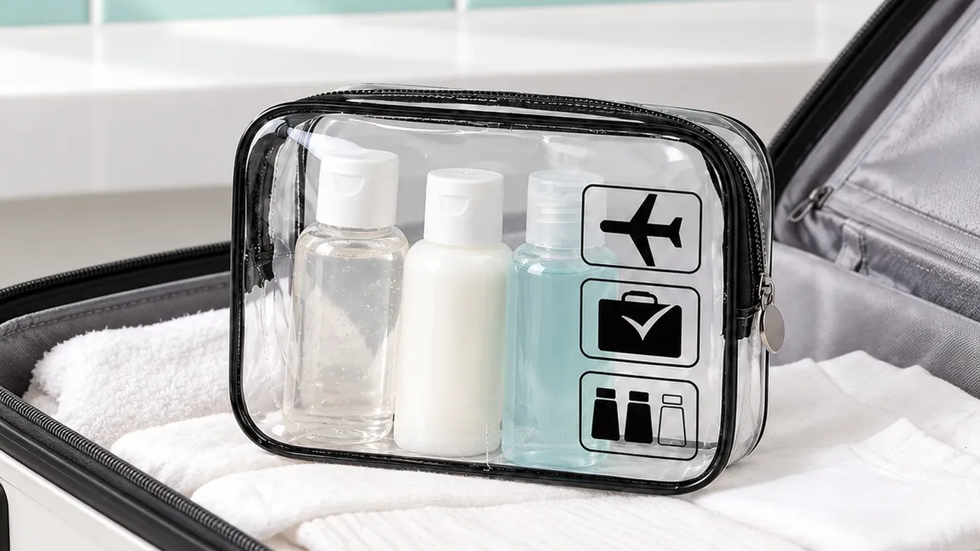 Pochette transparente remplie de trois petits flacons de voyage, posée sur des serviettes dans une valise cabine ouverte