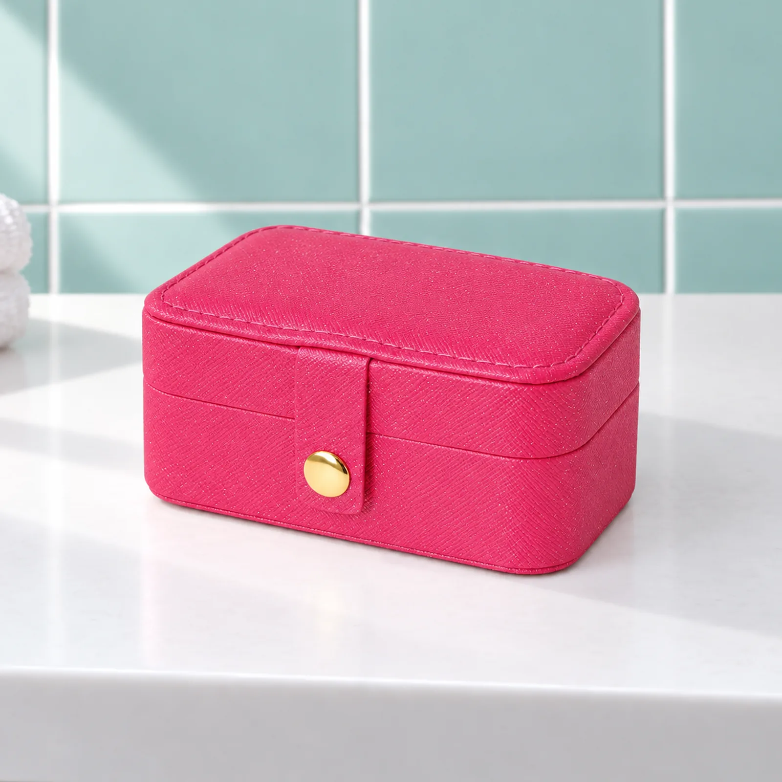 Mini boîte à bijoux de voyage, fuchsia, fermée de trois quarts sur la tablette blanche
