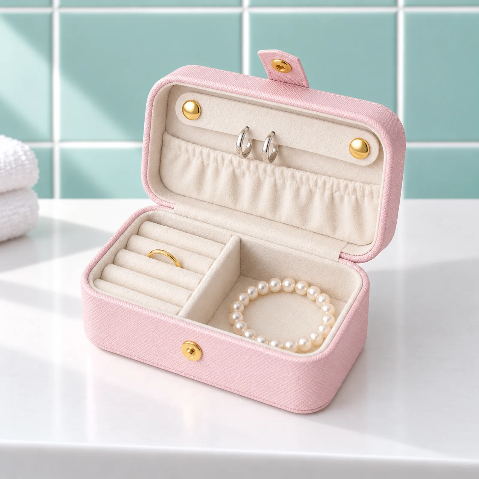 Mini boîte à bijoux de voyage, rose pâle, ouverte et garnie, cinq rouleaux à bagues et bande de couvercle à deux pressions dorées