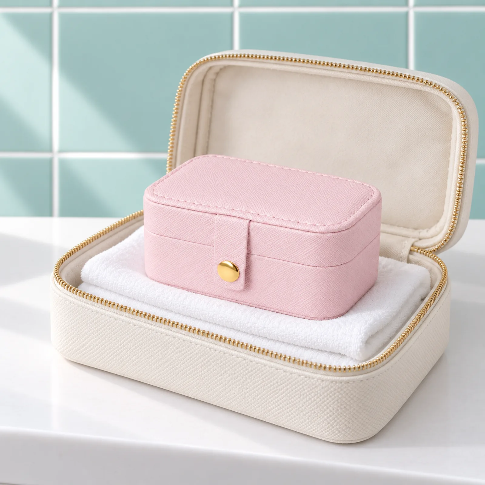 Mini boîte à bijoux de voyage, rose pâle, fermée dans une valise ouverte