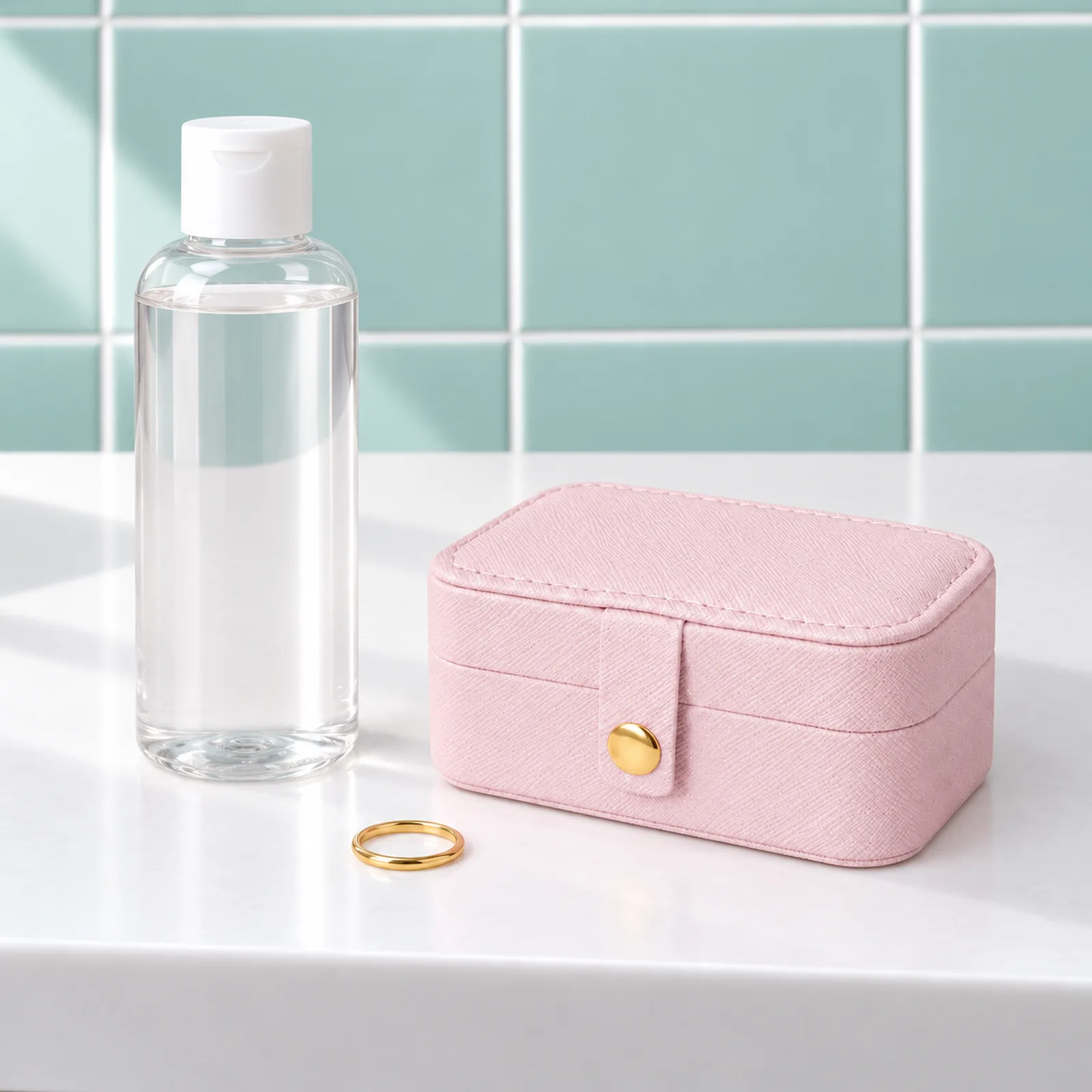 Mini boîte à bijoux de voyage, rose pâle, fermée à côté d’un flacon générique de 250 ml et d’une bague unie posée à plat