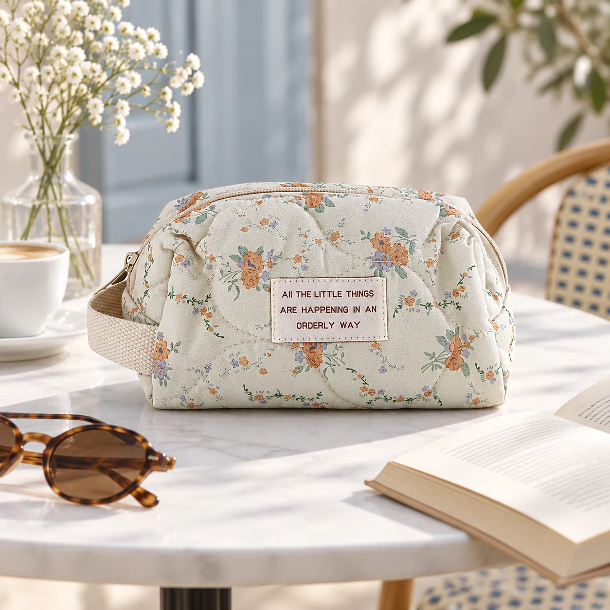 Petite trousse matelassée fleurie en situation