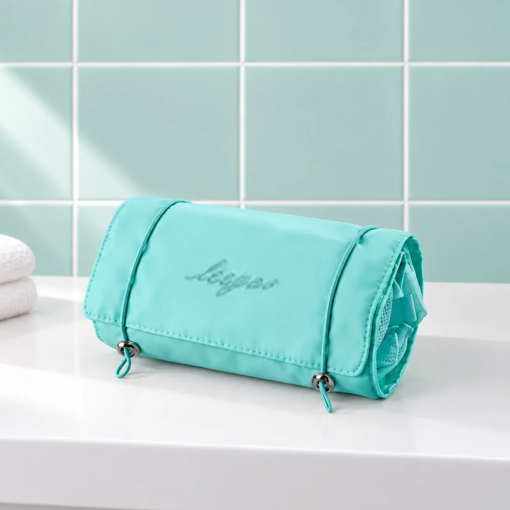 Trousse à suspendre à 4 pochettes transparentes détachables bleu ciel, fermée de trois quarts sur la tablette du lavabo