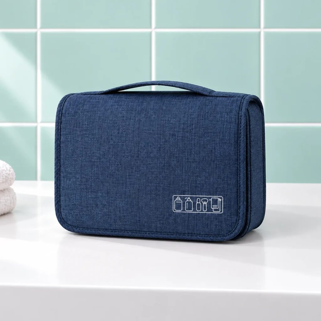 Trousse de toilette dépliante à crochet pivotant bleue, fermée de trois quarts sur la tablette du lavabo