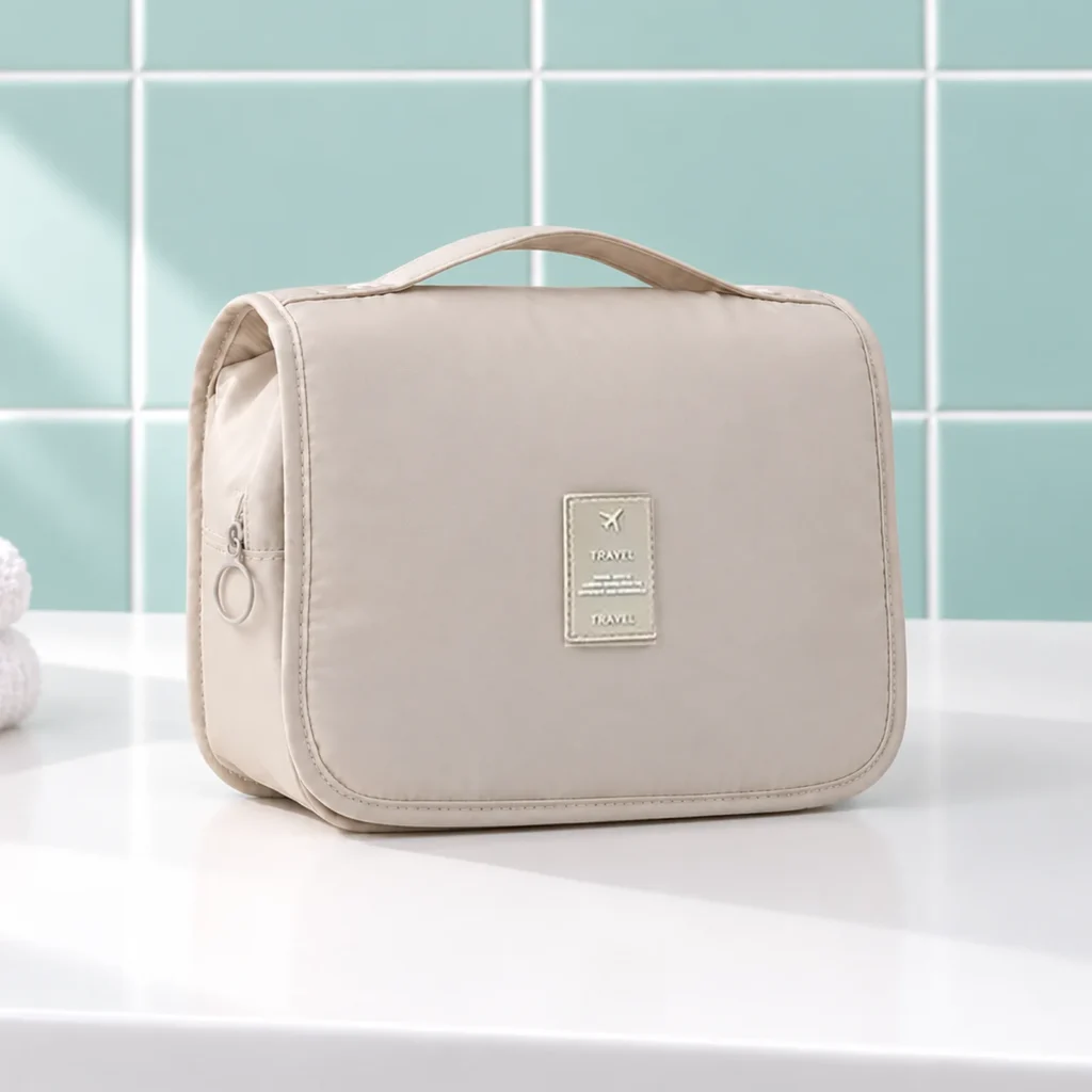 Trousse de toilette de voyage à suspendre à élastiques beige, fermée de trois quarts sur la tablette du lavabo