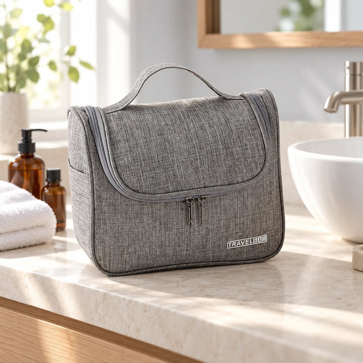 Trousse de toilette cube pliable en situation