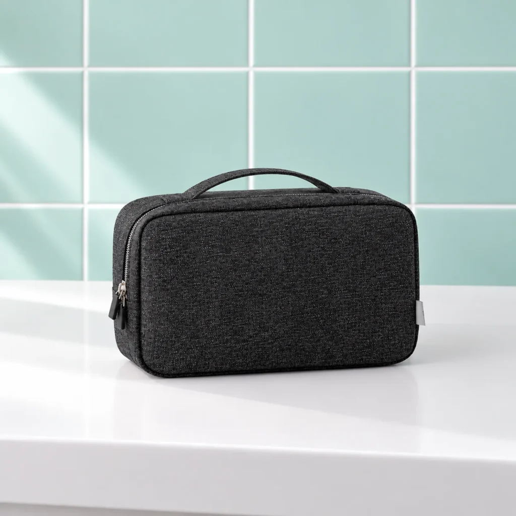 Trousse de toilette pliable à suspendre, noire, fermée de trois quarts sur la tablette blanche