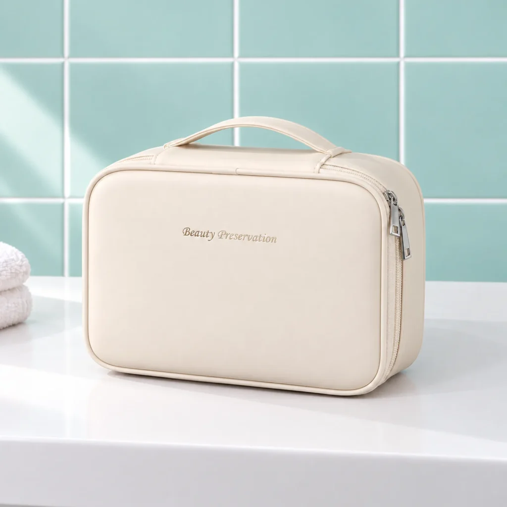 Vanity à maquillage simili cuir avec porte-pinceaux crème, fermée de trois quarts sur la tablette du lavabo