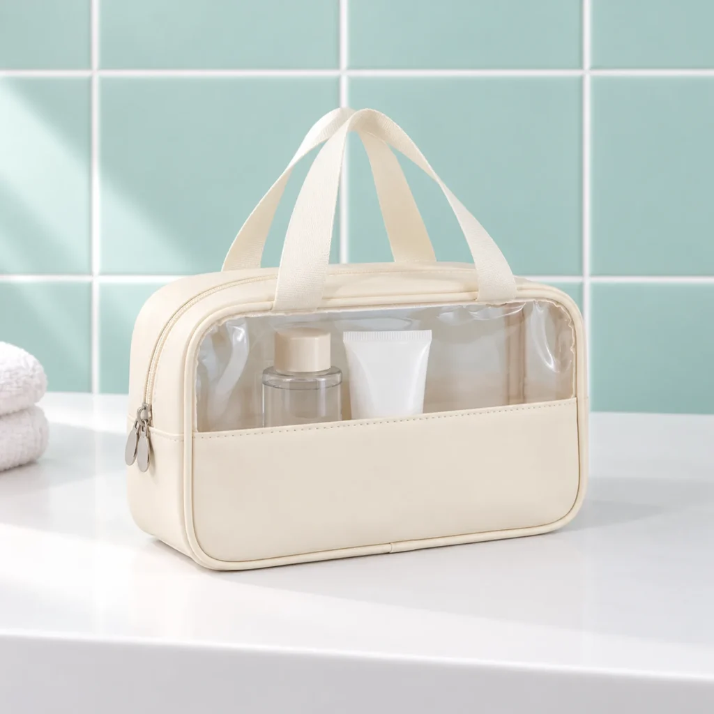 Trousse de toilette transparente à anses beige moyenne, fermée de trois quarts sur la tablette du lavabo