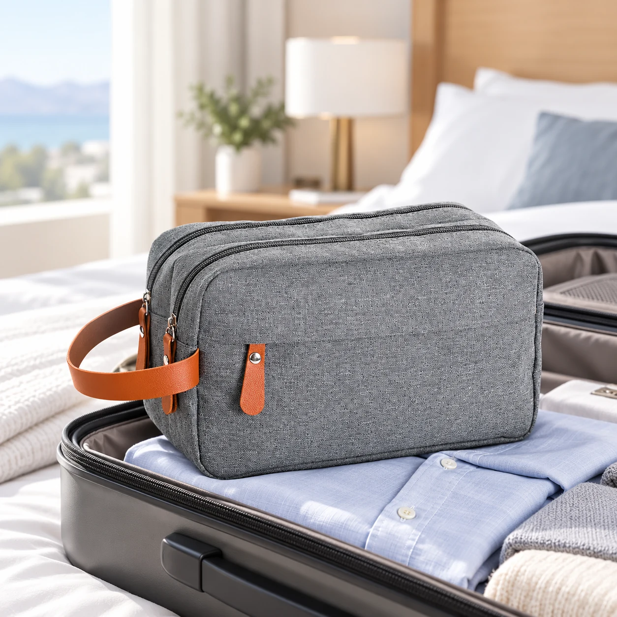 Trousse de toilette homme compacte en situation