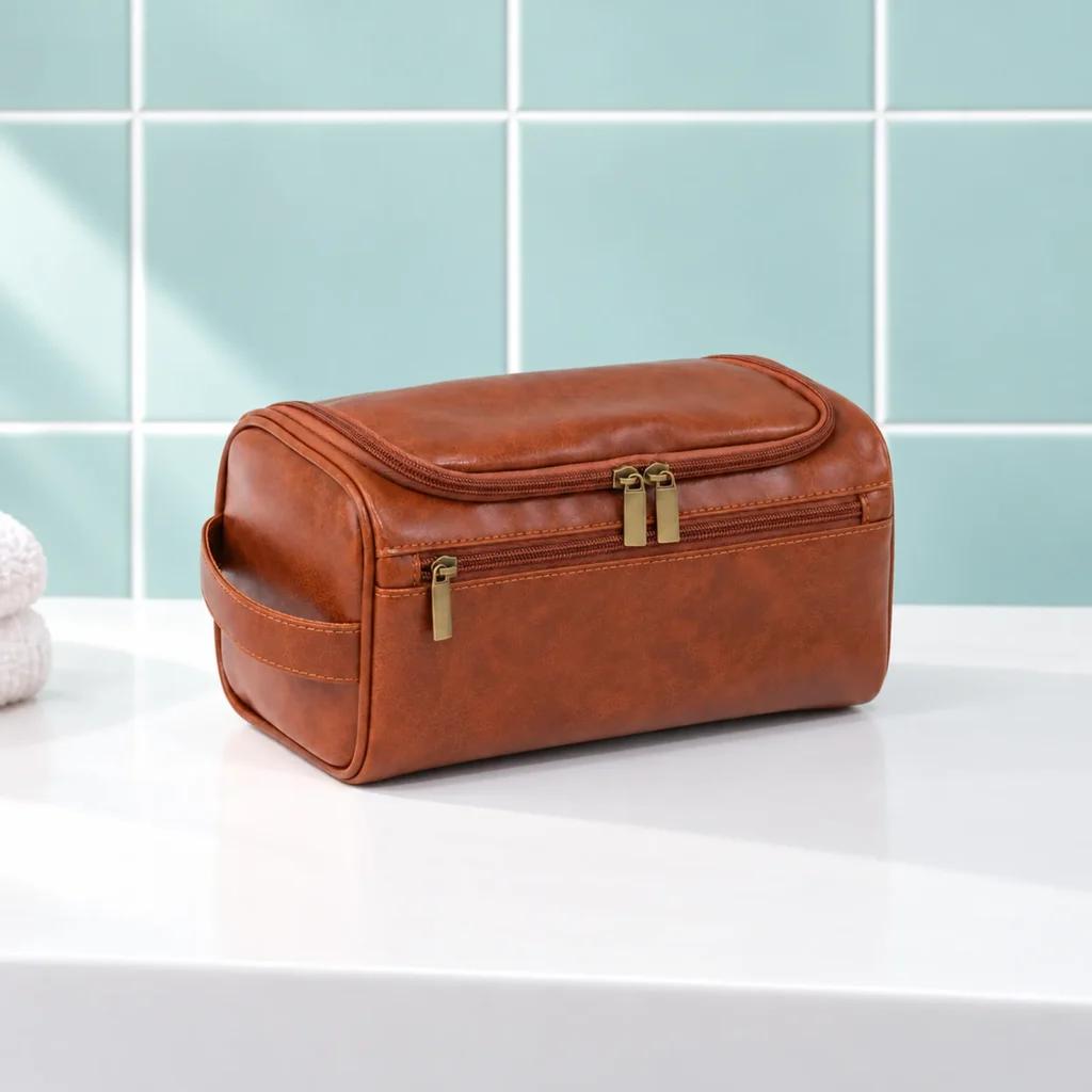 Trousse de toilette homme simili cuir à crochet marron, fermée de trois quarts sur la tablette du lavabo