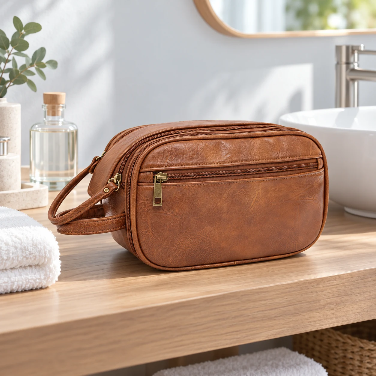 Trousse de toilette homme simili cuir en situation
