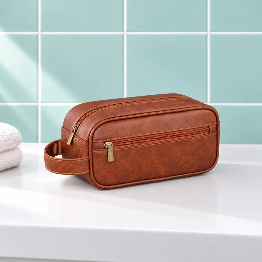 Trousse de toilette homme simili cuir marron foncé, fermée de trois quarts sur la tablette du lavabo