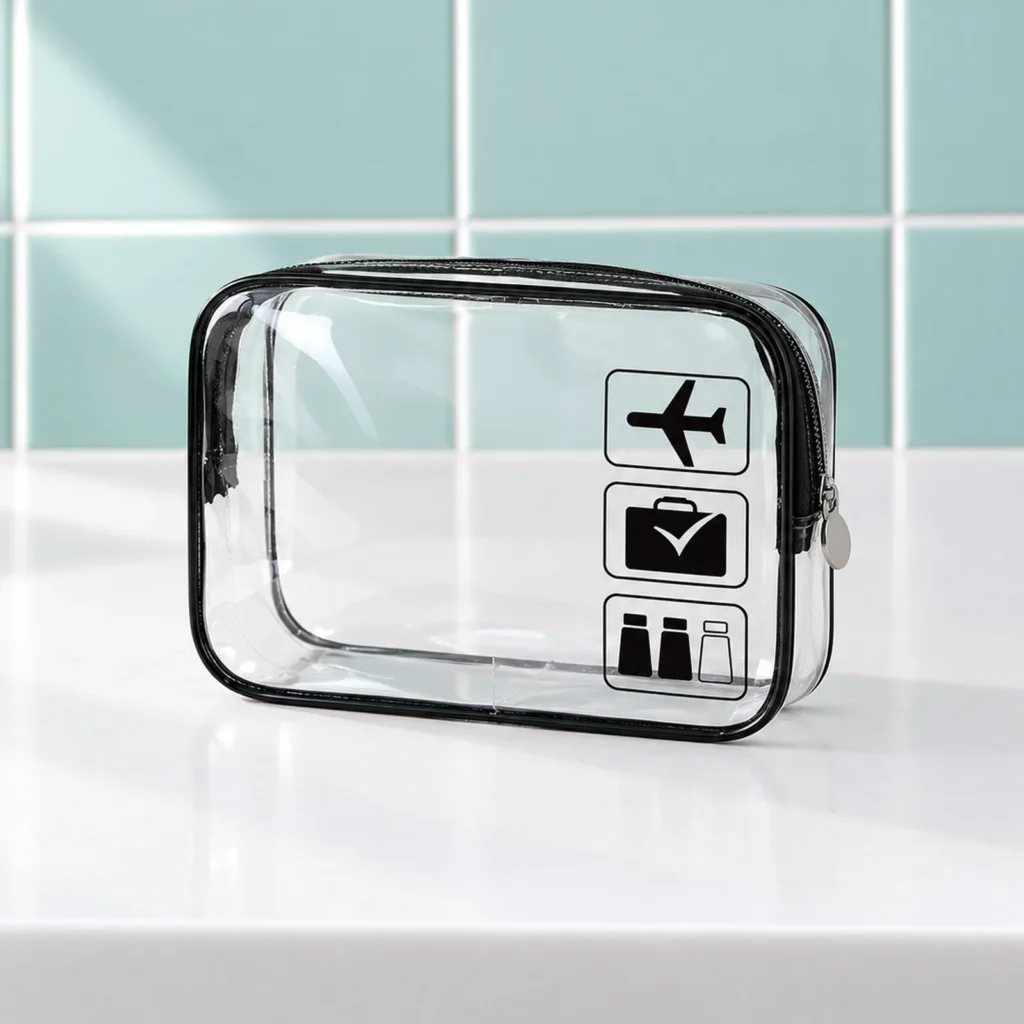 Pochette transparente avion pour les liquides, bordure noire, fermée de trois quarts sur la tablette blanche
